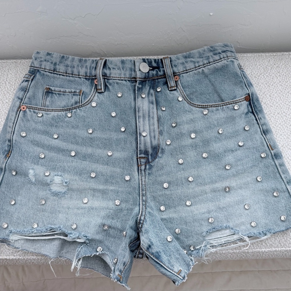 Blank NYC Light Blue Rhinestone Distressed Denim Shorts